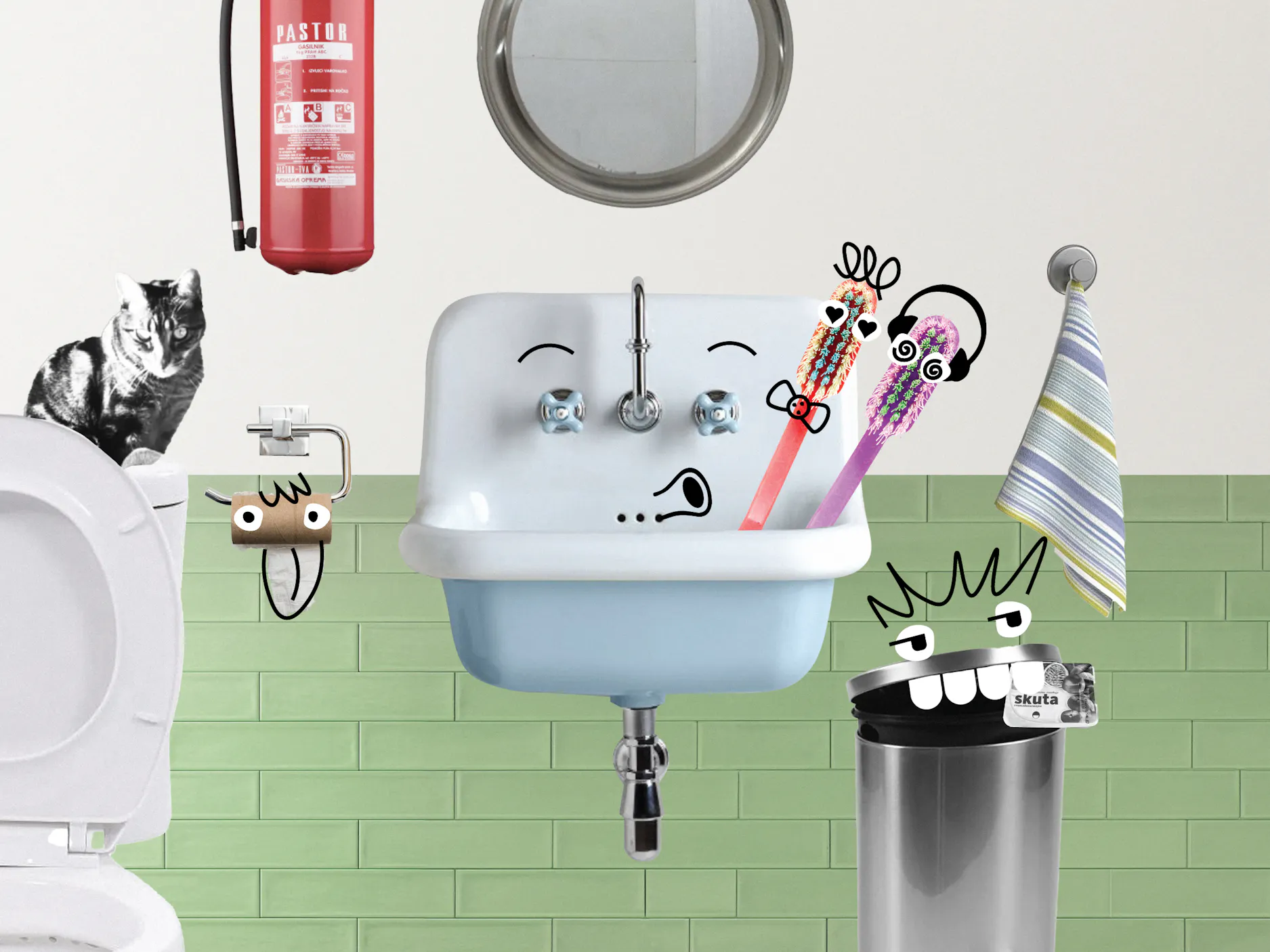 Kolaž lijaka, ščetk, toaletnega papirja, smetnjaka z ilustriranimi obrazi